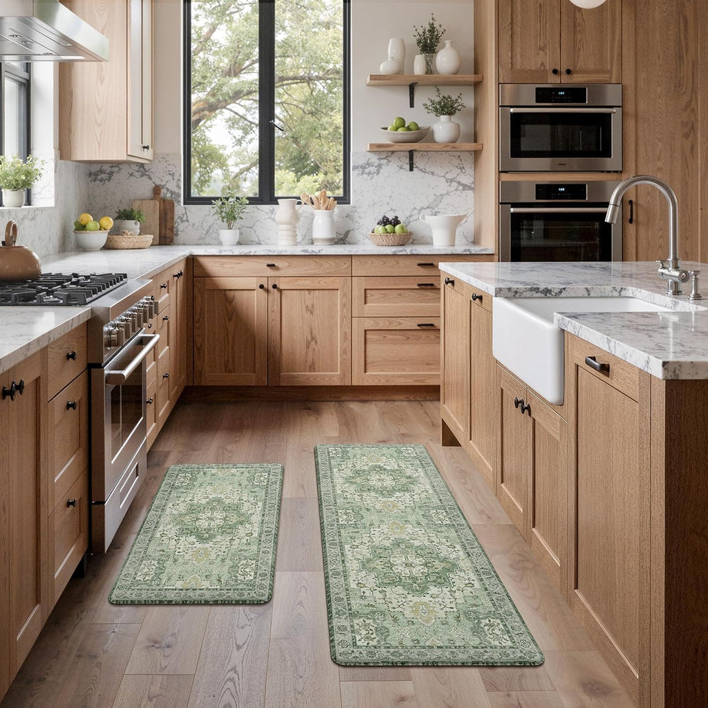 Anti Fatigue Kitchen Mats for Floor 2PCS, Cushioned Standing Mats | 17.3"x47"&17.3"x30", Light Green vintage boho rug