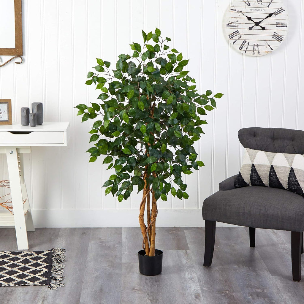 4 ft Artificial Triple Trunk Ficus Tree with Pot | Natural Wood Trunks, Silk Tree with Dense Foliage, Mid-Size Faux