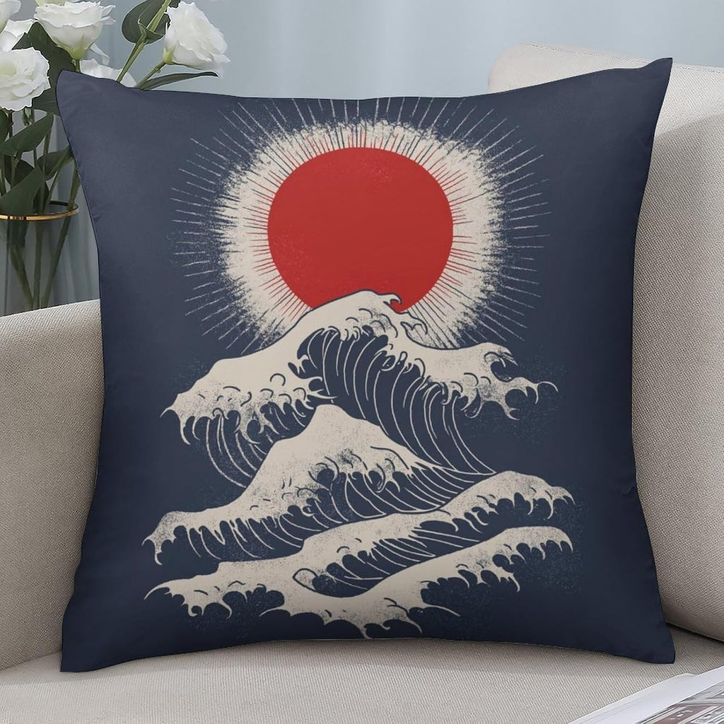 Oriental Block‐Print Sakura Cat Art Throw Pillow Covers, Double‐Sided Printed Square Cushion Cases - Set of 2