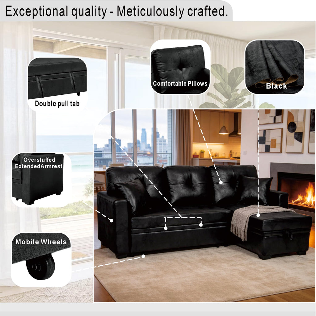 71" Sectional Sleeper Sofa with Pull Out Bed, L Shaped Sleeper Sofa with Reversible Chaise, 3 Seater Modular