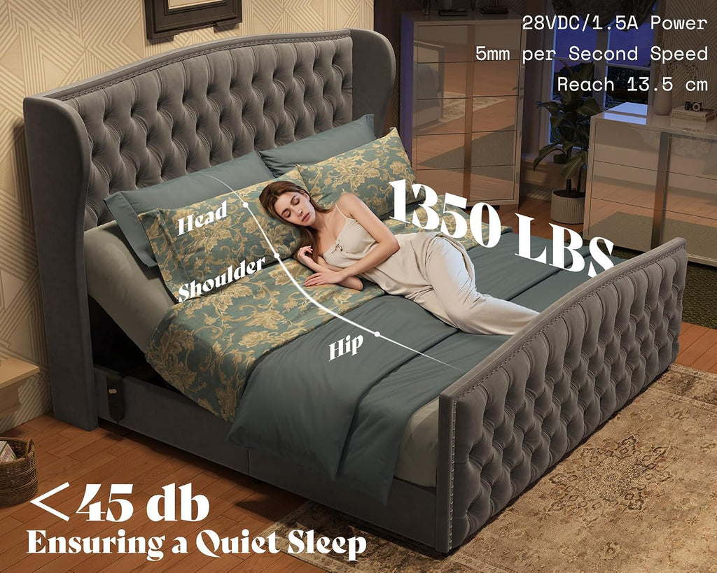Queen Adjustable Bed Frame with 51" Velvet Upholstered Headboard