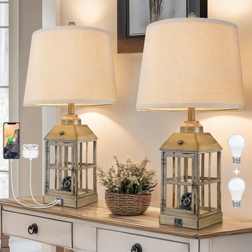 25" Farmhouse Table Lamps Set of 2 Living Room (Wood)