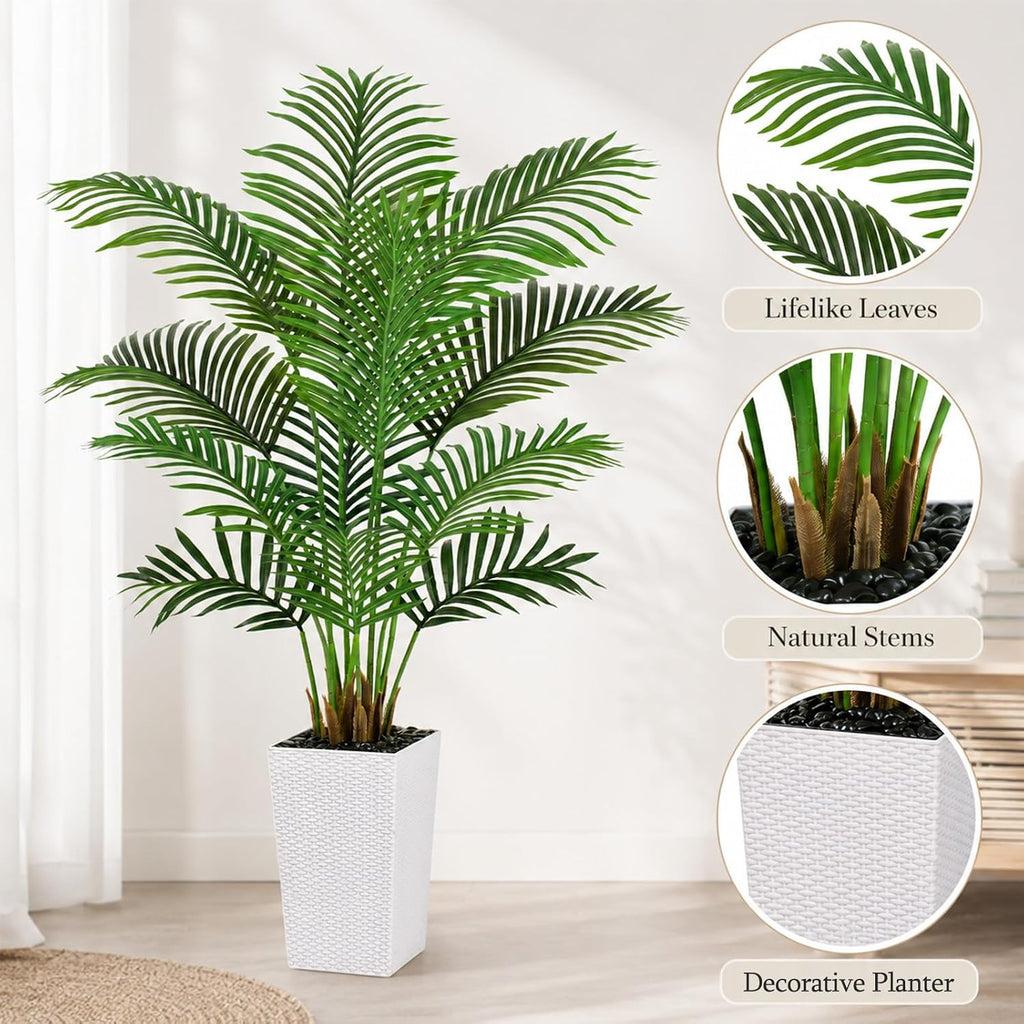 5FT Tall Artificial Palm Trees White Planter,Fake Silk Tropical Tree with 9 Lush Leaves,Realistic Faux Floor Plant