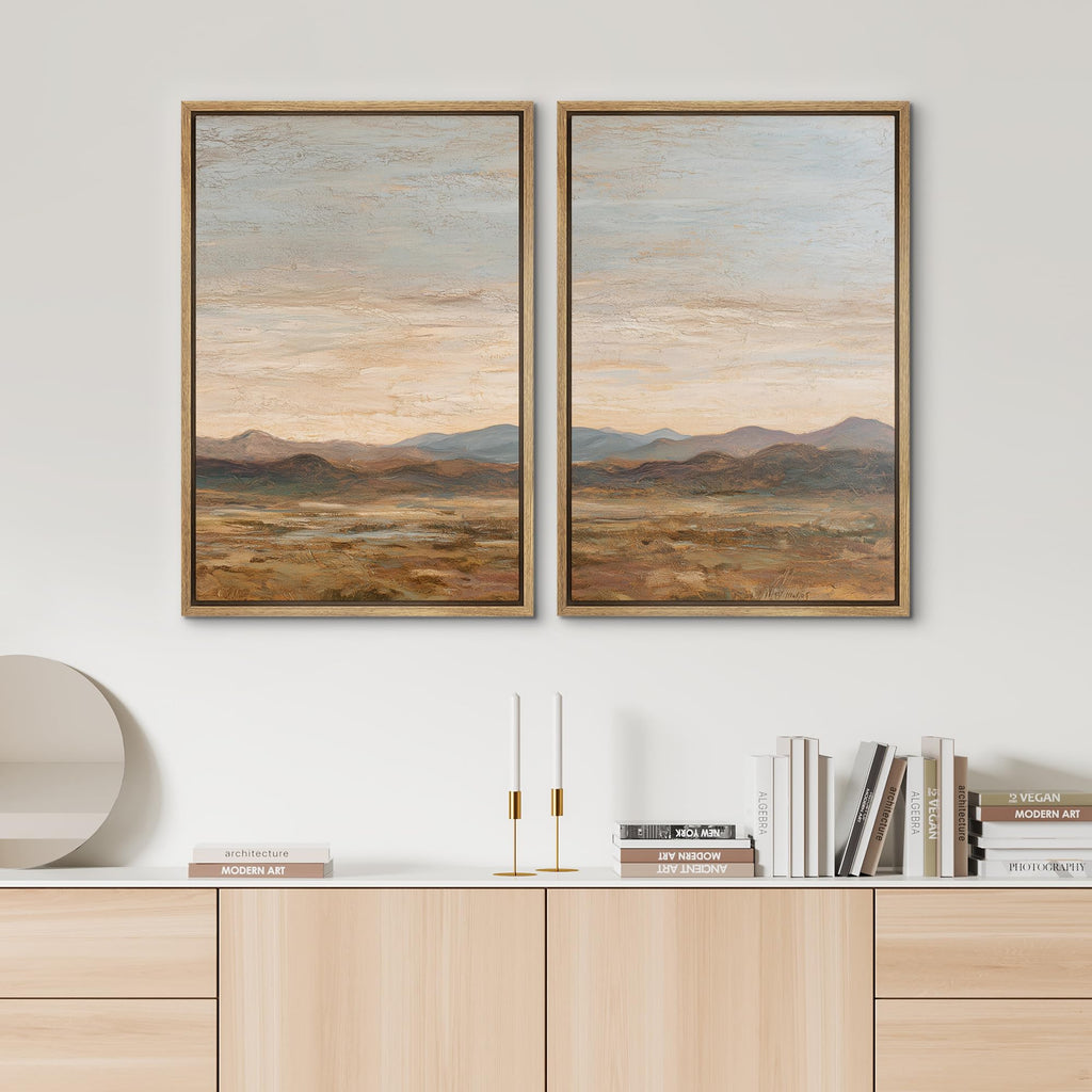 Framed Canvas Print Wall Art Set Soft Earth Tone Mountain Landscape Illustration Modern Art Minimalism Decorative