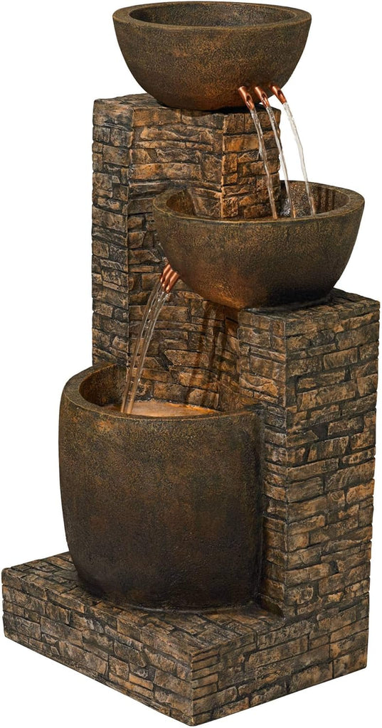 Mason 35" High Large Rustic Indoor Outdoor Decor Faux Stone Floor Fountain with Light LED Bowl Standing Tiered