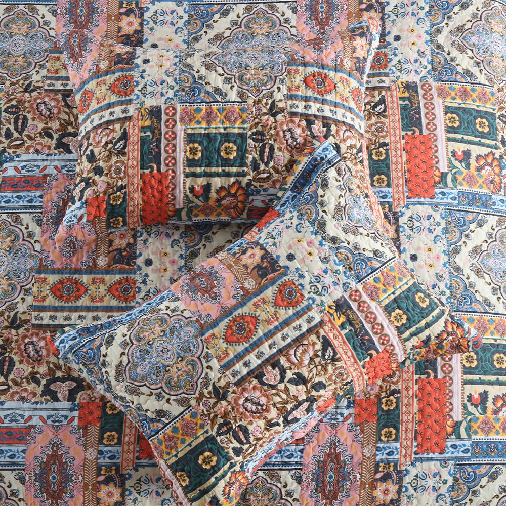 Cotton Bedspread Bohemain Quilt Sets, Reversible Coverlet Lightweight Comforters with 2 Shams, Vintage Farmhouse