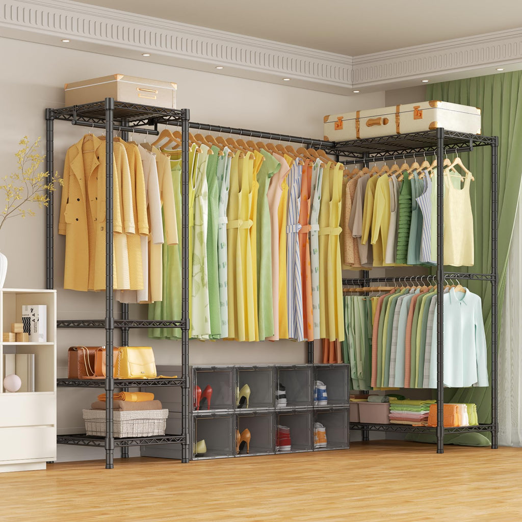E10L L-Shaped Clothes Rack for Corner(With Expandable Hanger Rod)Heavy Duty Freestanding Clothing Racks for Hanging