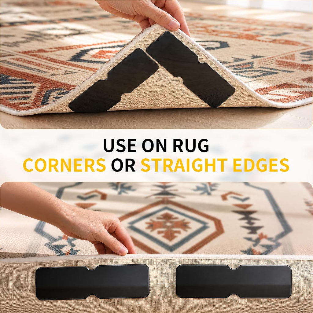 Rug Grippers for Hardwood Floors, No Damage Reusable Non Slip Rug Tape Pads, Washable Strong Adhesive Carpet Grippers - Set of 8