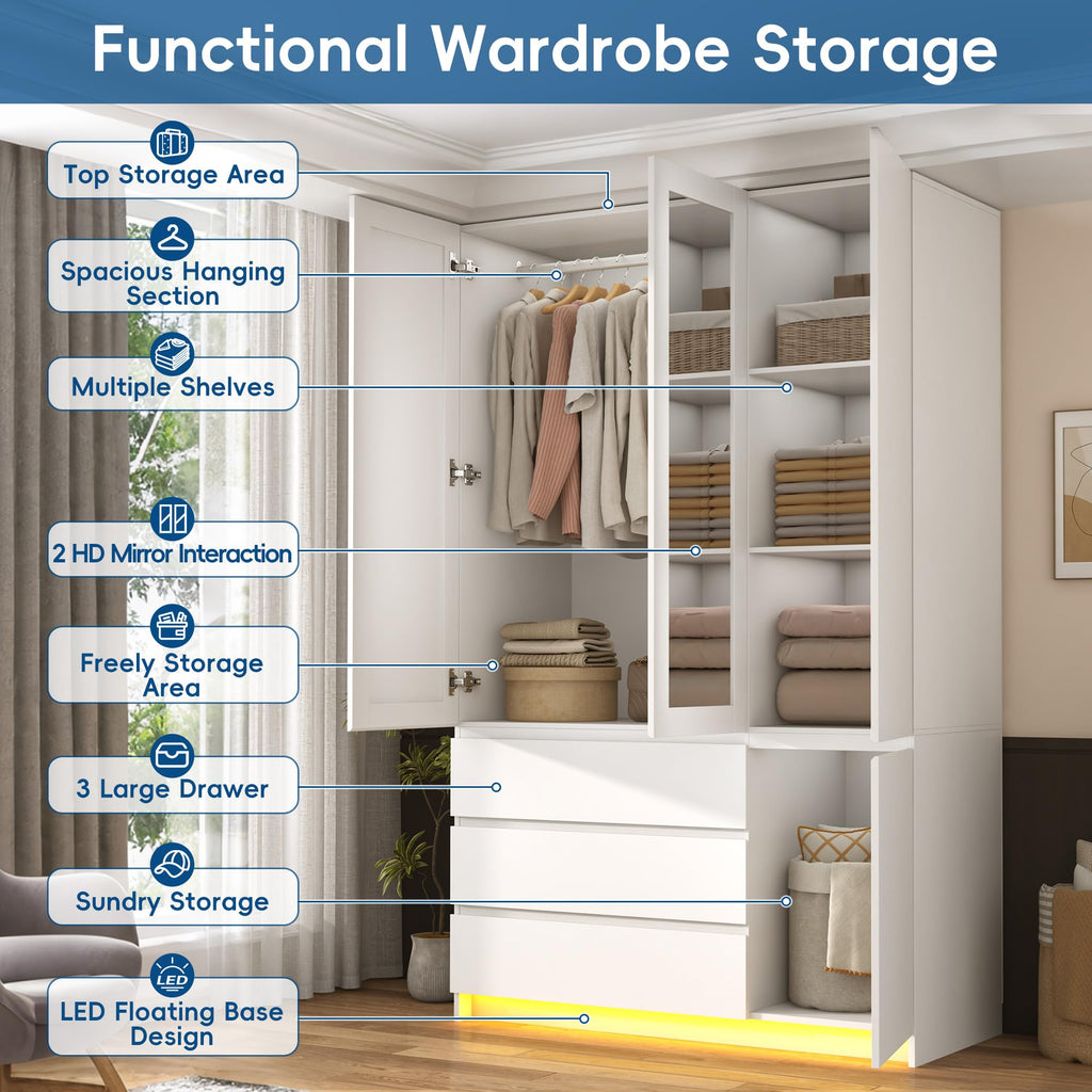 75" Tall Modern Wardrobe Closet with 2 Mirrors, LED Lights, 47"W Armoire Wardrobe Cabinet with 3 Drawers, Hanging
