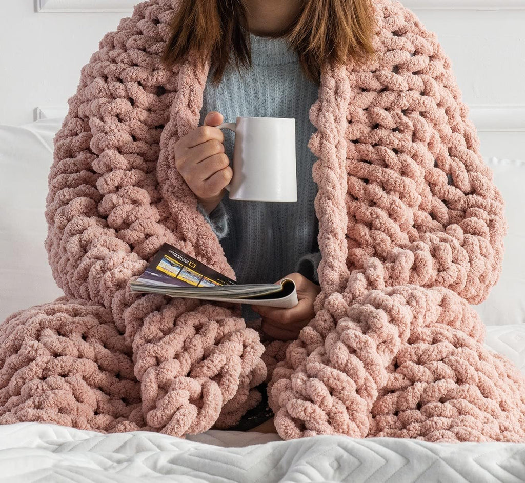 Chunky Knit Blanket Throw - 50"x60" 3.7 lbs.- Soft Chenille Yarn Knitted Blanket -Machine Washable Crochet Blanket