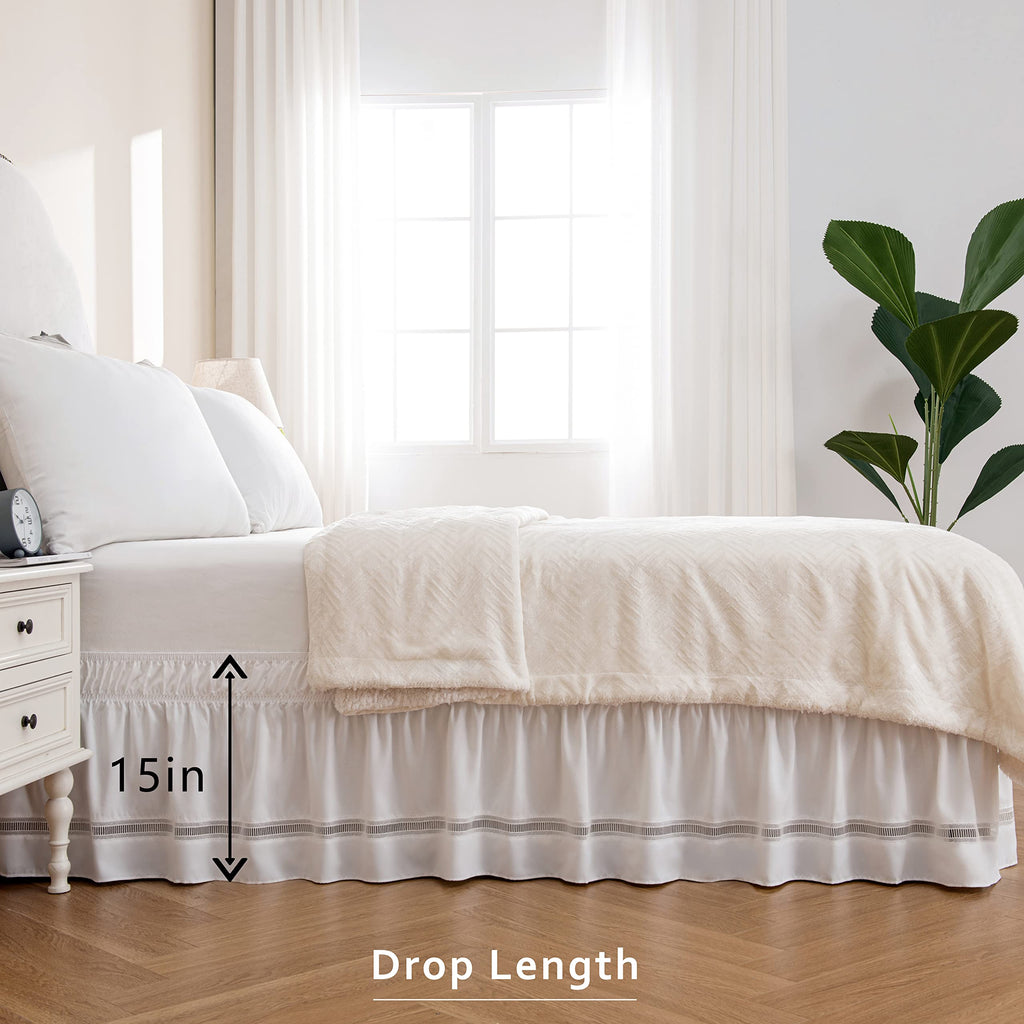 Wrap Around Ruffled Lace Bed Skirt, Elastic Dust Ruffle with Adjustable Belts, Easy to Put On, Bed Frame Cover