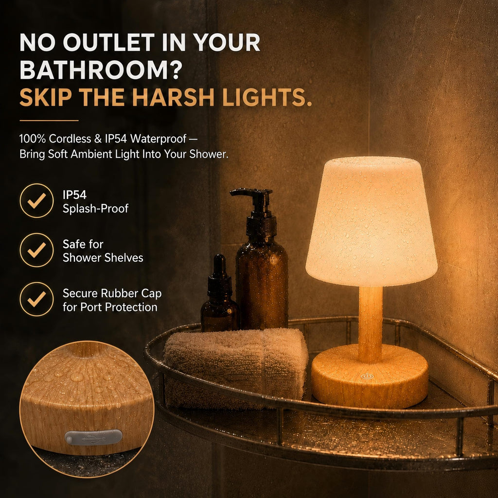 Shower Lamp IP54 Waterproof, Cordless Table Lamp, Wood Grain 1 Pack