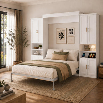 Murphy Bed Queen with 2 Storage Cabinets and USB Port, White