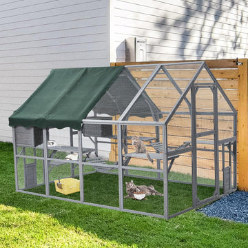 Large Outdoor Catio Cat Enclosure, 57 Sq Ft Walk‐in Wooden Cat House