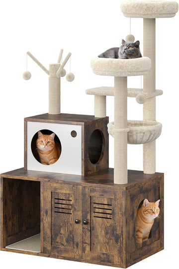 Cat Litter Box Enclosure with Tree Tower and Condo, Hidden Pet Washroom Furniture with Sisal Scratching Post, Hammocks