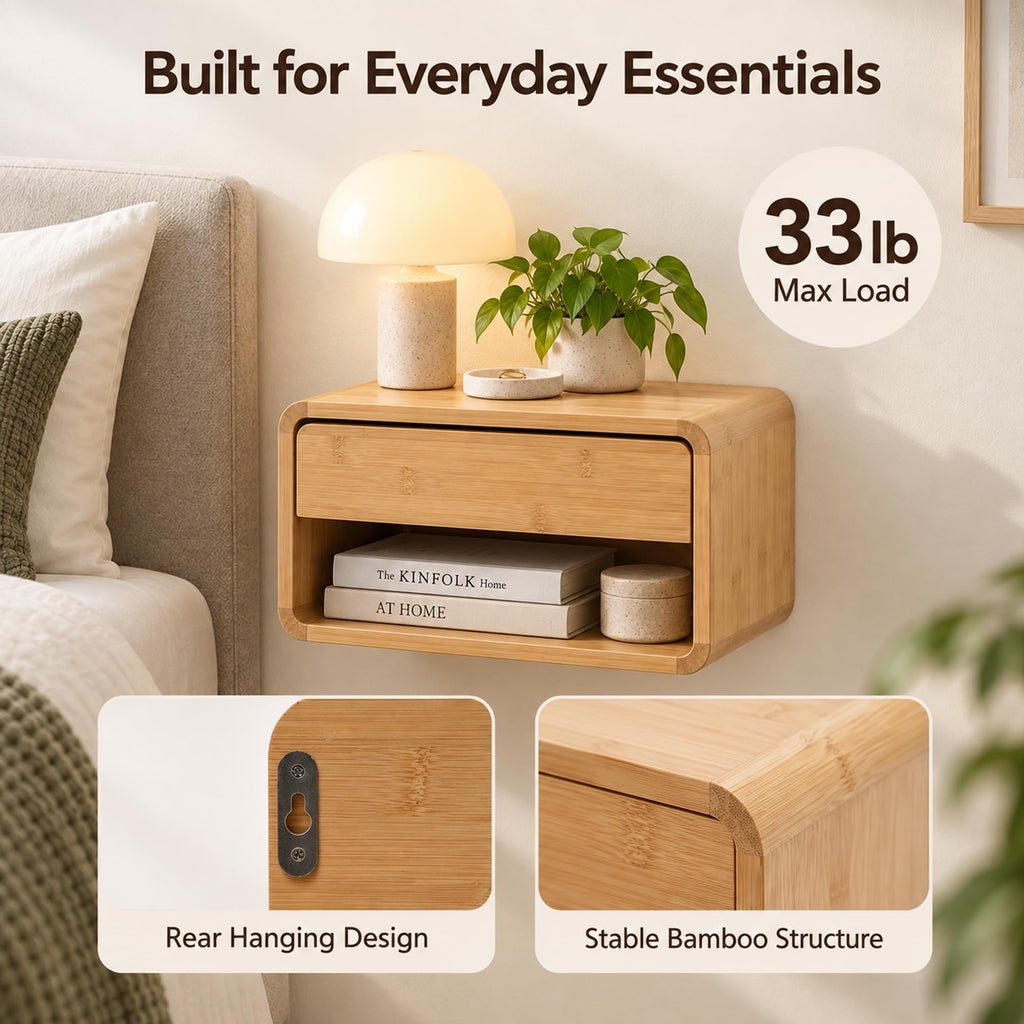 Bamboo Floating Nightstand with Drawer, Wall Mounted Bedside Table, Natural