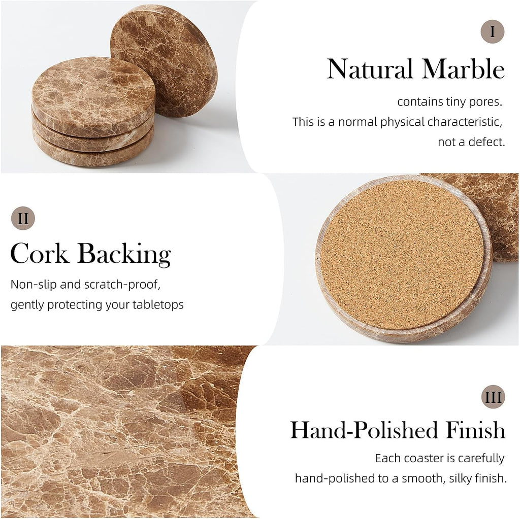 Natural Marble Coaster.Round Drinks Coasters,Non-Ceramic/Non-Resin - Set of 4