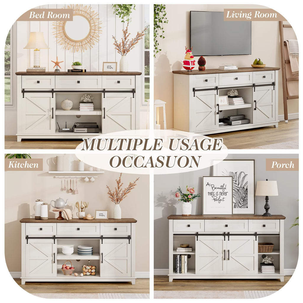 59" Farmhouse TV Stand with Storage Drawers, White & Barnwood