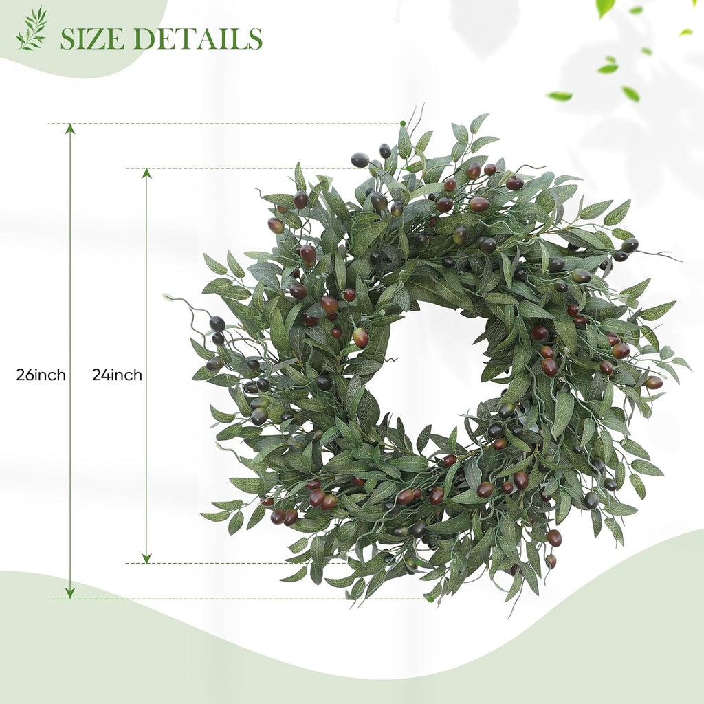 Olive Wreath 26 Inch Wreaths for Front Door with Purely Handmade Realistic Dense Olive Leaf Olive Berry, Elegant Home