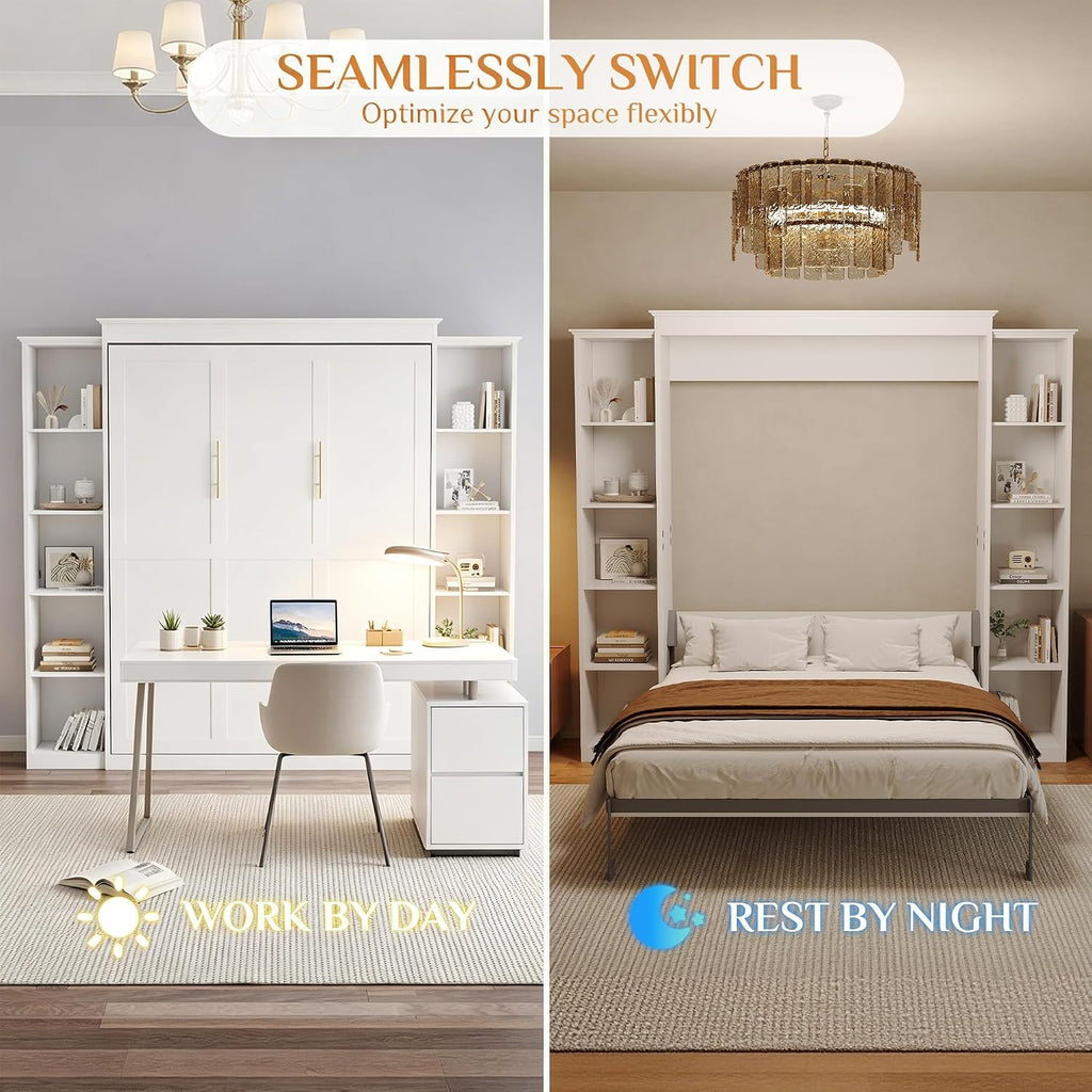 Queen Murphy Bed Cabinet with 5-Tier Adjustable Storage Shelves, Wood Queen Wall Bed Cabinet Bed, Space Saving Beds
