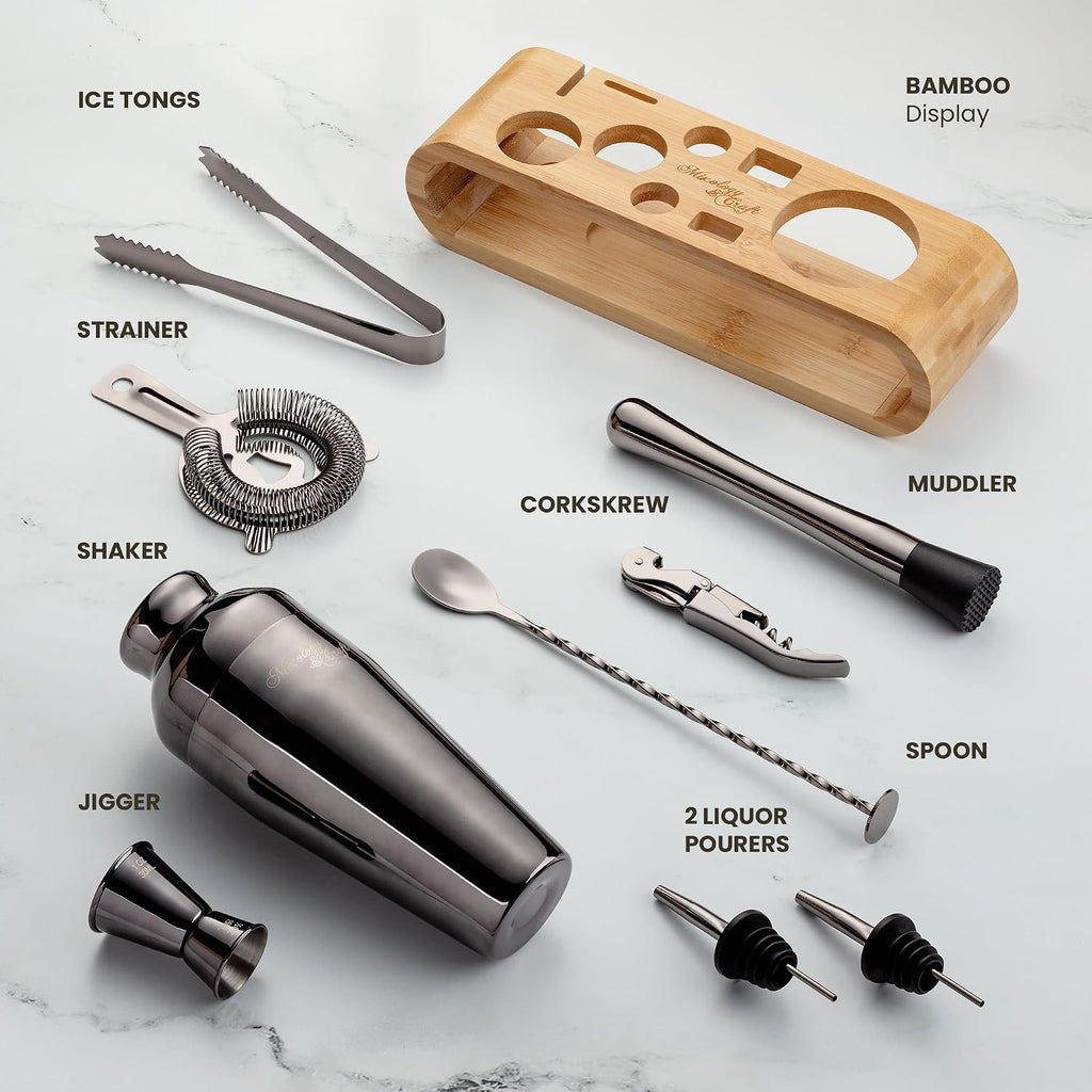 Cocktail Shaker Set with Bamboo Stand - Professional 10-Piece Bartender Kit, Complete Bar Set Use with Jigger - Set of 10