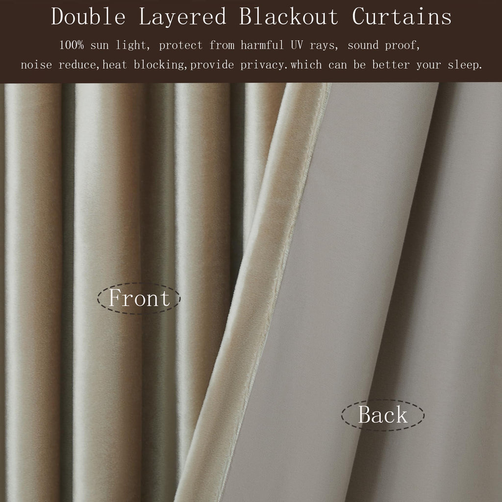 Full Blackout Champagne Beige Velvet Curtains 120 inch Long, Set of 2 Liner Rod Pocket Back Tab Thermal Window