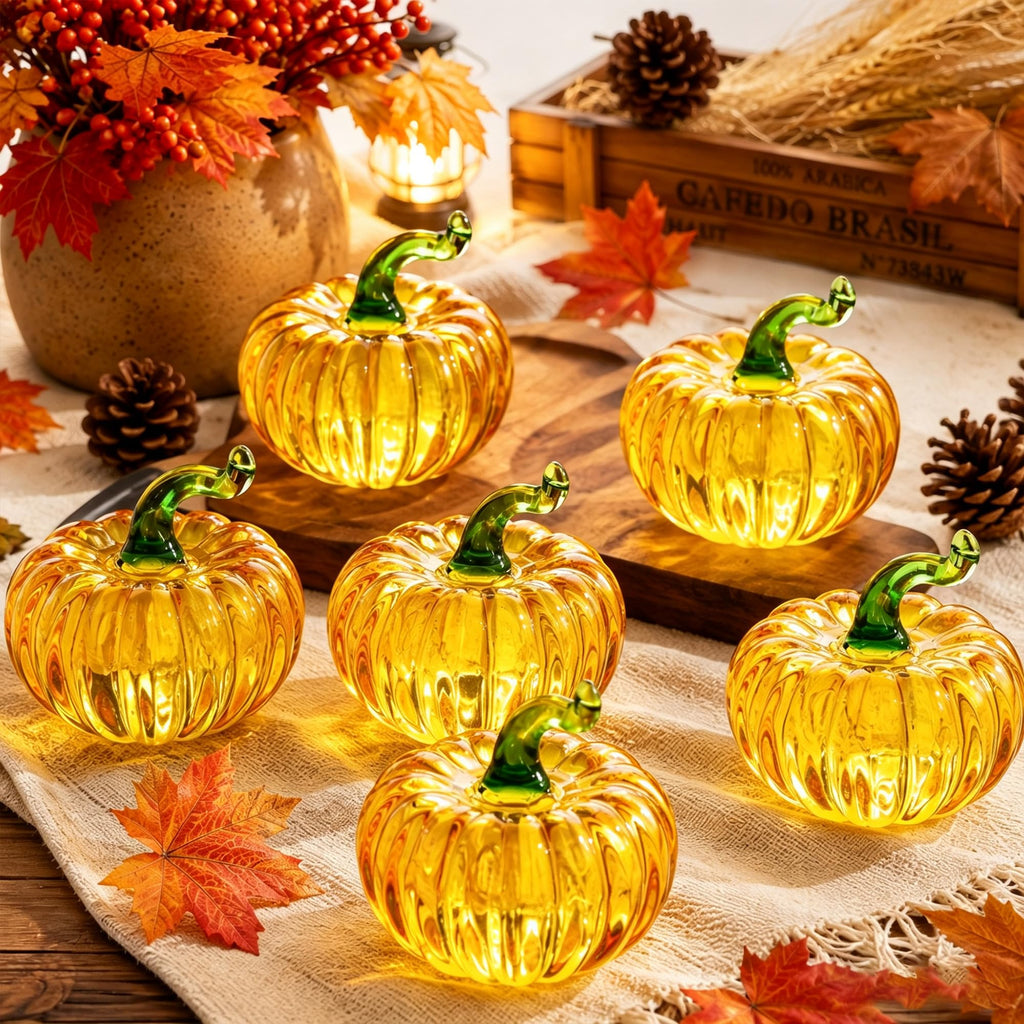 6-Piece Mini Glass Pumpkin Figurines for Decorating, Pumpkins Fall Decor