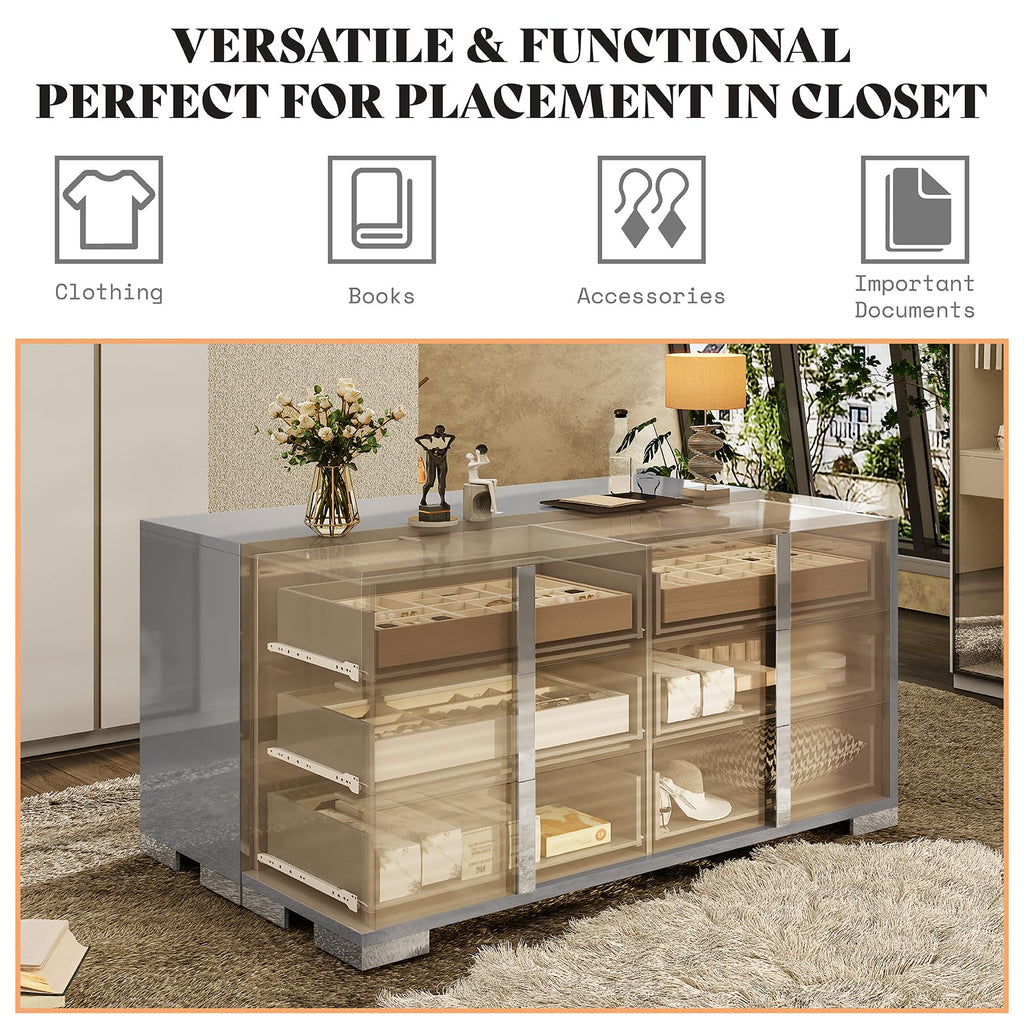 6 Drawer Dresser, Modern Storage Chest, High Gloss Finish, Grey