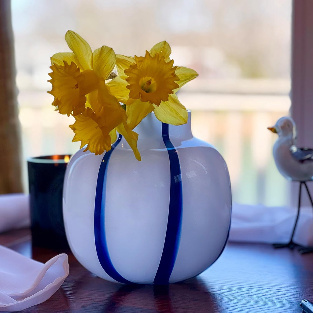 Coastal Blue and White Round Vase, Pomegranate Shape, Stripes, Glass, 7 Inches, Murano Style