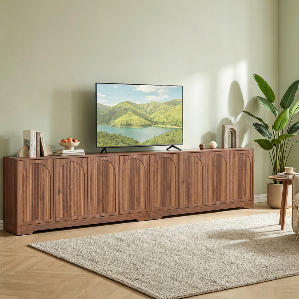 Walnut 124.4" TV Stand for TVs up to 100 Inches Fluted & Arched Doors