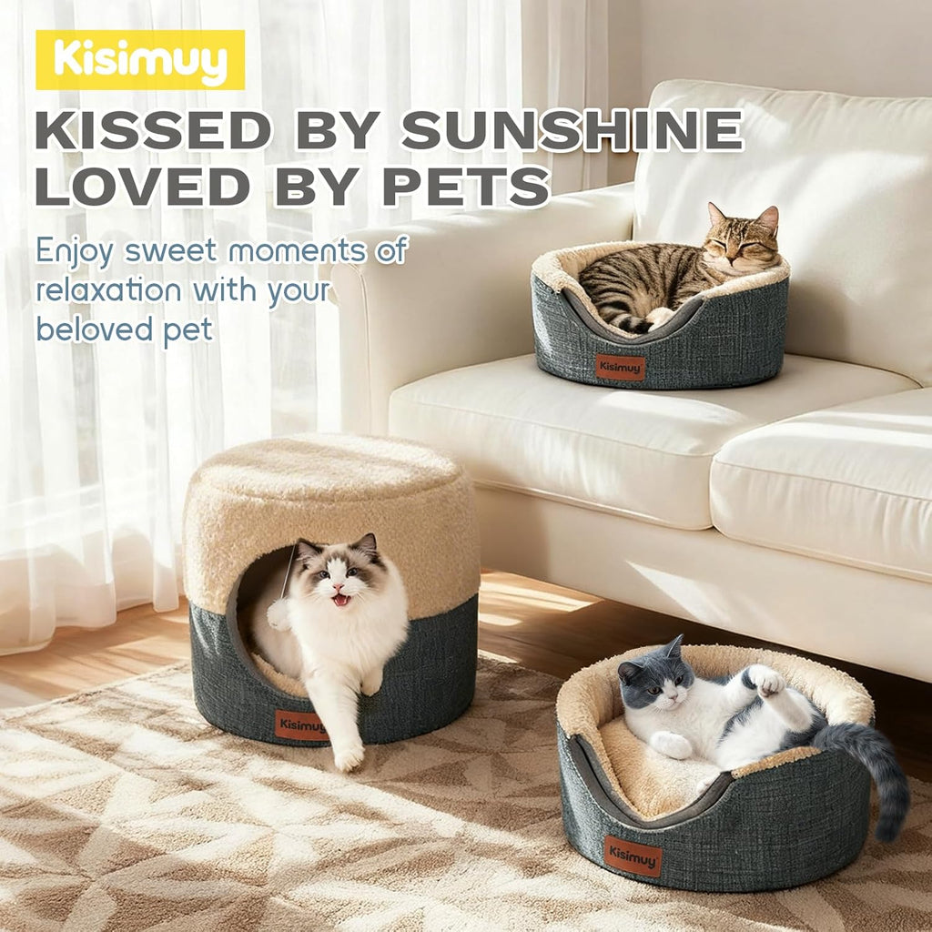 2-in-1 Cat Cave Bed & Lounger with Reversible Plush Cushion, Cat Bed for Indoor Cats, Foldable Anti-Slip Cat House
