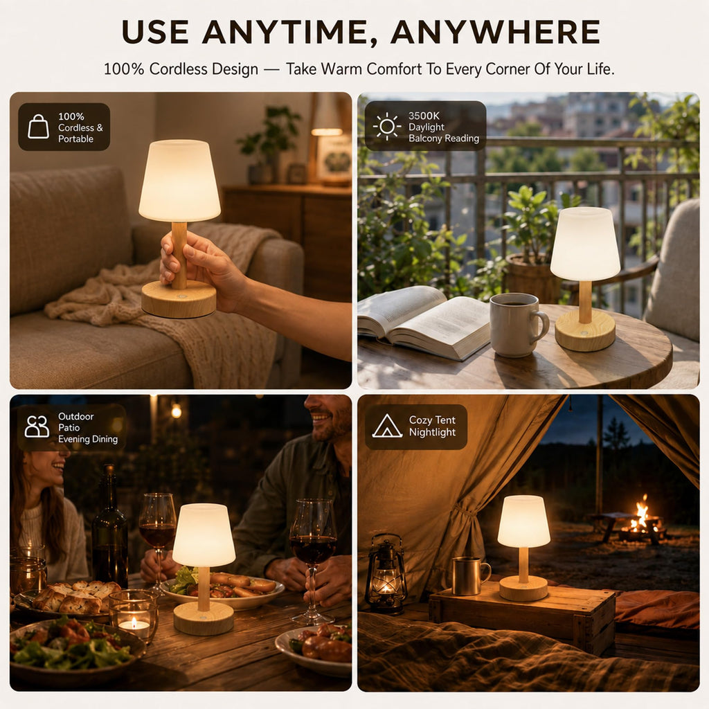 Shower Lamp IP54 Waterproof, Cordless Table Lamp, Wood Grain 1 Pack
