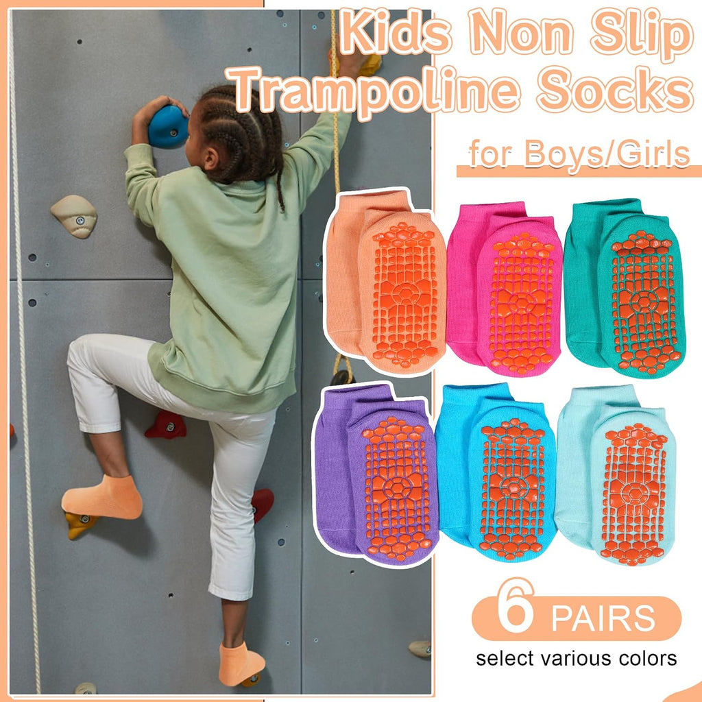Kids Non Slip Trampoline Socks 6 Pairs, Kids Grip Ankle Socks, Athletic Sock for Boys Girls