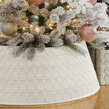 28 Inch Knit Christmas Tree Skirt, Cream White Boho Christmas Tree Collar