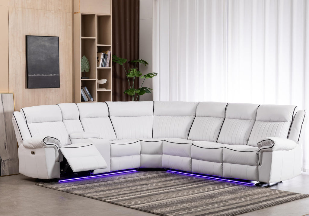 Power Reclining Sectional Sofa Faux Leather LED Strip Speaker White