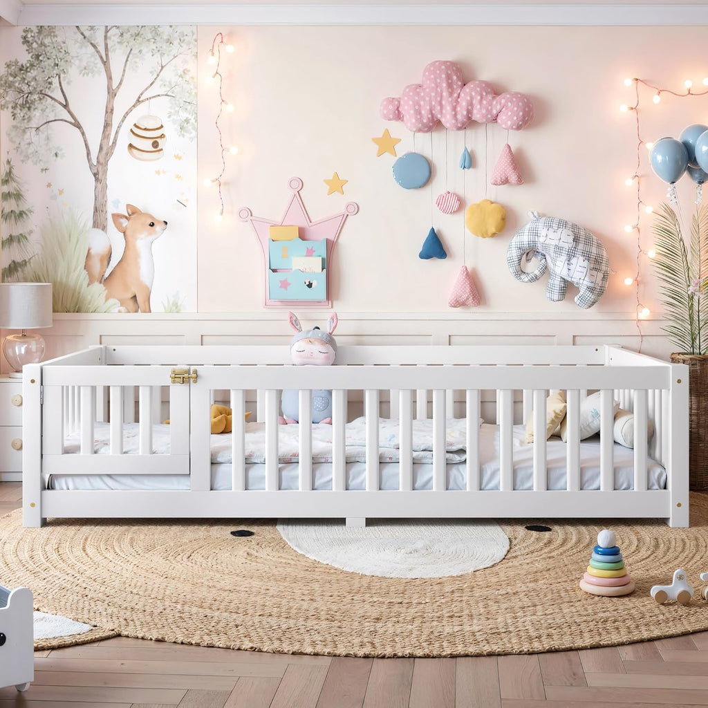 Twin Size Floor Bed Frame with Fence and Door for Kids, Montessori Floor Bed with Slats and Safety Guardrails,Solid