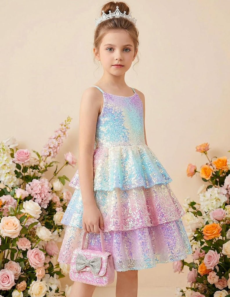 Girls Sequin Formal Dresses Kids Party Special Occasion Fancy Dress Tie Back 3 Layer Prom Graduation Outfits