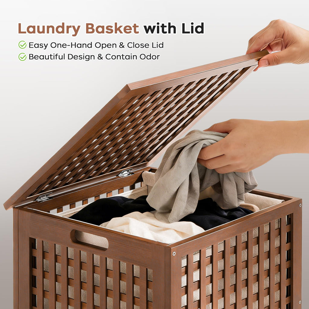 Large Laundry Hamper with Lid, 120L Bamboo Clothes Basket with Liner