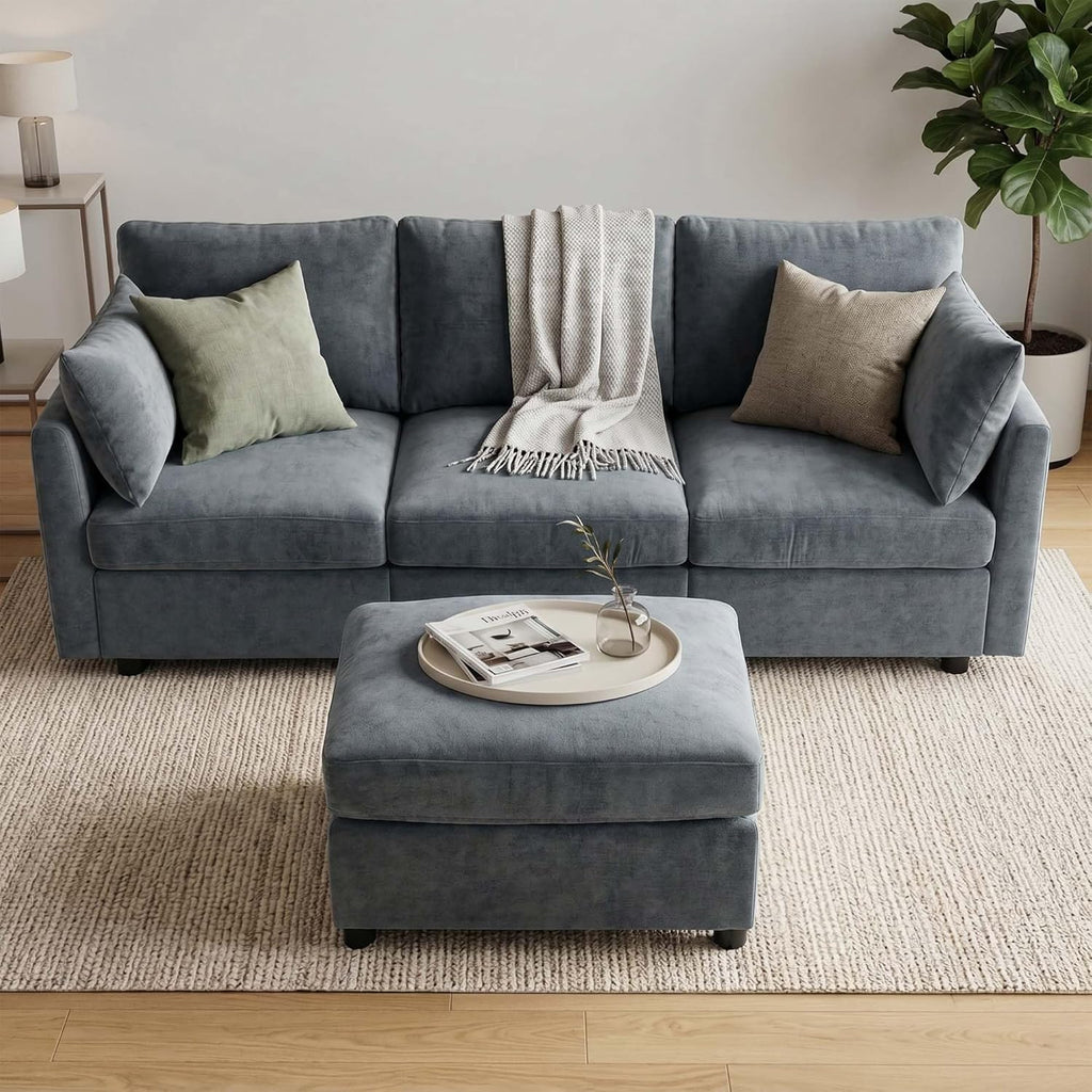 Sectional Couch , Comfy L Shaped Convertible Sofa, 4 Seater Modern Chenille Sofa with Ottoman, Grey