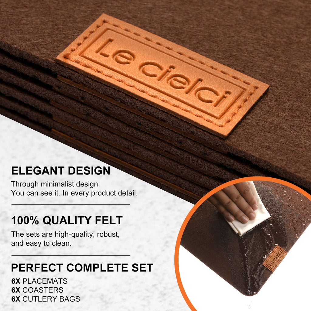 6 Placemats, 6 Coasters & 6 Cutlery Bags, Brown Felt Table Mats