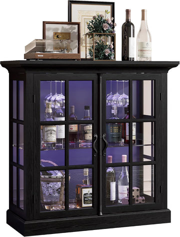 Modern 43" Display Cabinet, Vintage Curio Cabinet with LED Light and Wine Glass Holder, Farmhouse Wine Bar Cabinet