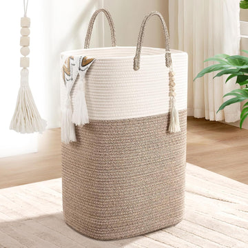 Woven Laundry Basket for Clothes, 80L Large Rectangle Laundry Hampers with Beads Tassel, Nursery Storage Basket for
