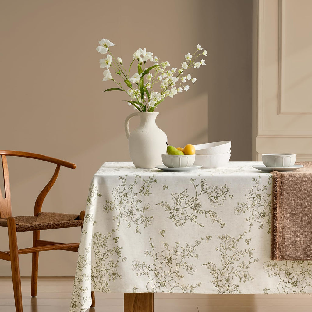 Green Floral Tablecloth Vintage French Rustic Linen Tablecloth Rectangular
