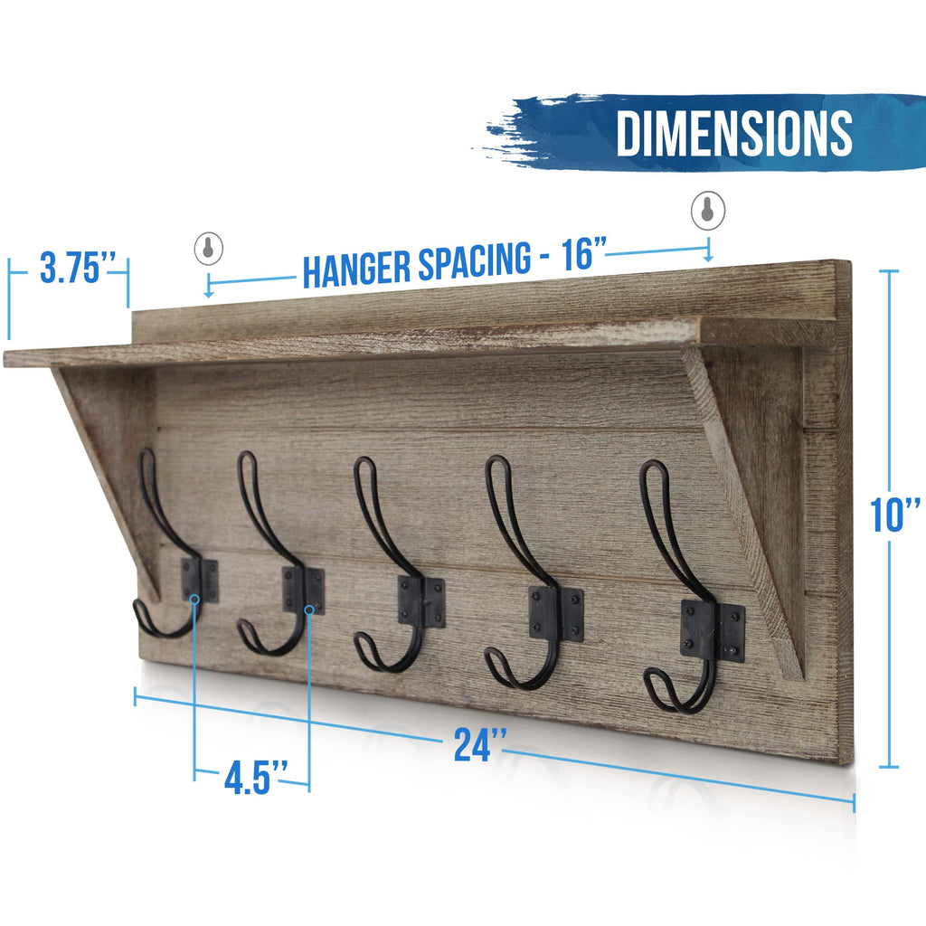 Rustic Wall Mounted Coat Rack with Shelf - Solid Wood 24" Entryway Shelf with 5 Coat Hangers. Perfect Touch for Your