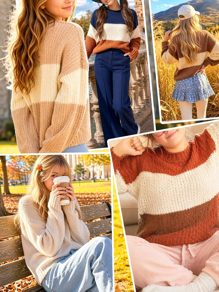 Color Block Knit Sweaters Crewneck Long Sleeve Pullover Cozy Loose Fall Cute Sweater Tops Winter Outfits