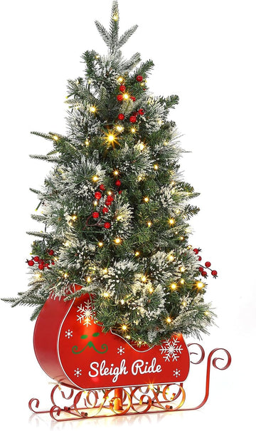 3FT Christmas Tree, Pre-Lit Artificial Christmas Trees with Lights, Small Xmas Trees with Sleigh Base & 78 Warm White