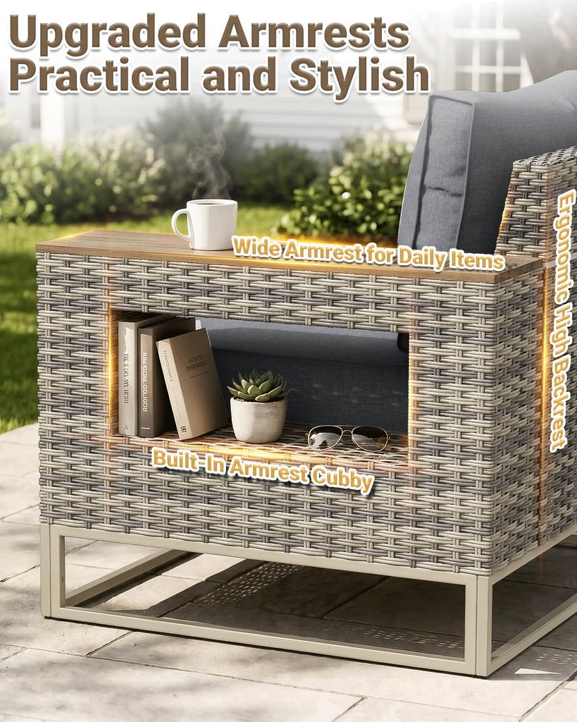 Outdoor Patio Furniture Set 6-Piece PE Rattan Wicker Outdoor Sectional Sofa with Thickened Cushions and Chunky Arms