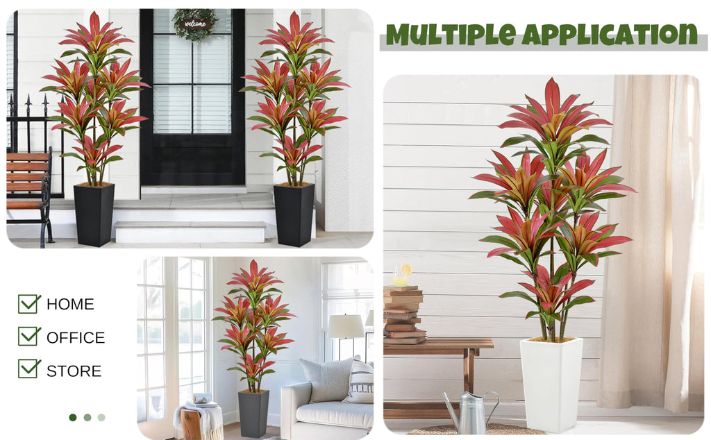 Artificial Red Dracaena Tree 6FT 114 Leaves & White Tall Planter