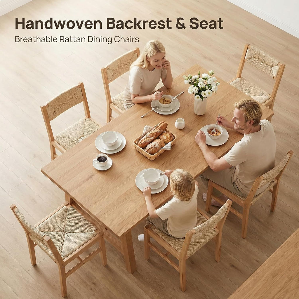 Mid Century Modern Rattan Dining Chairs Set of 6, Natural Beechwood Kitchen Chairs Farmhouse Woven Dining Room Chairs