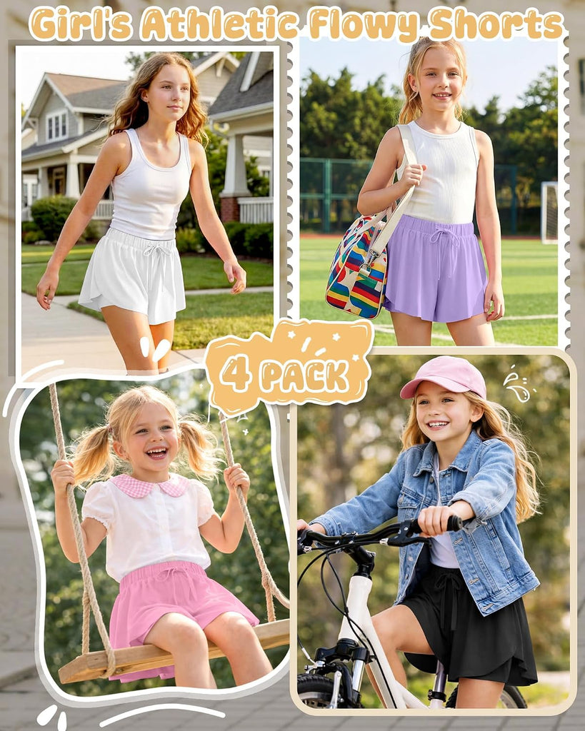 4 Pack Girls Athletic Butterfly Short Kids Flowy Skort